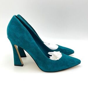 Nine West Womens Trendz Medium Teal Blue Suede Leather Heels Pumps Shoes 8.5